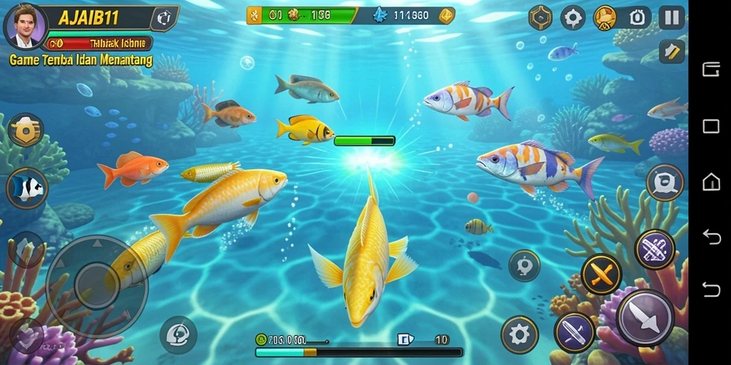 Screenshot gameplay AJAIB11 menampilkan aksi seru dalam berburu ikan.