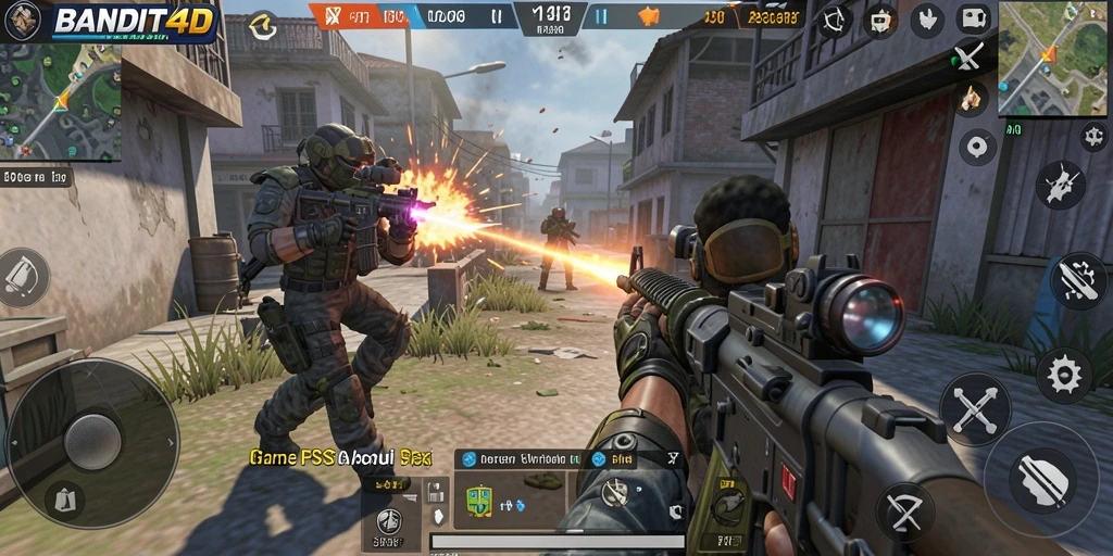 Screenshot menampilkan aksi intens dalam permainan FPS BANDIT4D.
