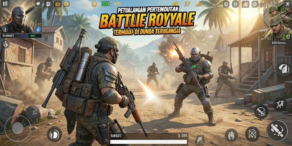 Screenshot gameplay BARU01 menampilkan pertempuran intens di arena Battle Royale.
