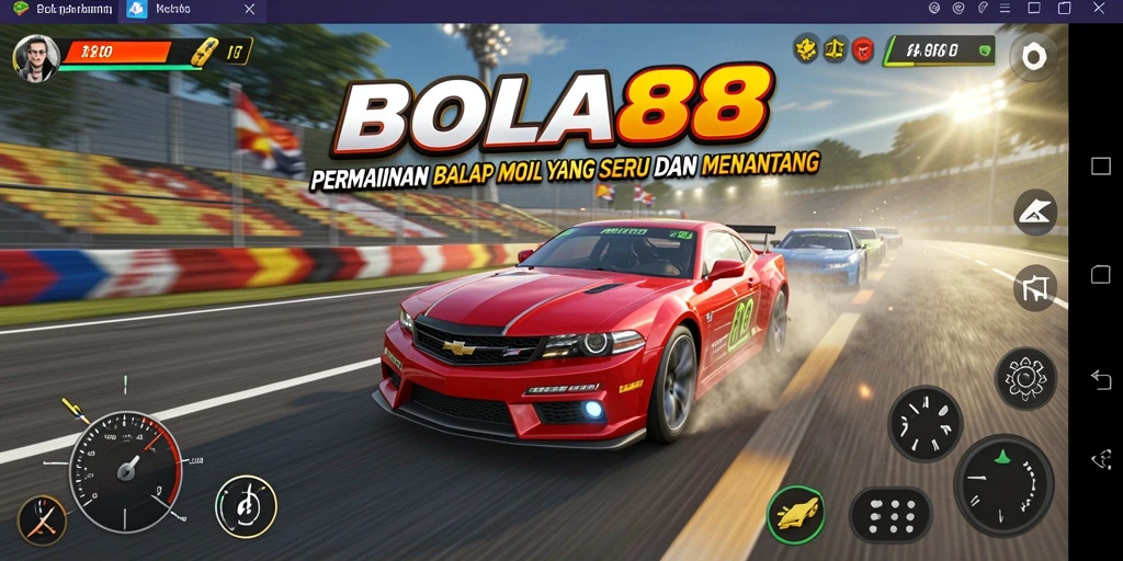 Tampilan gameplay BOLA88 dengan mobil balap di lintasan menantang.
