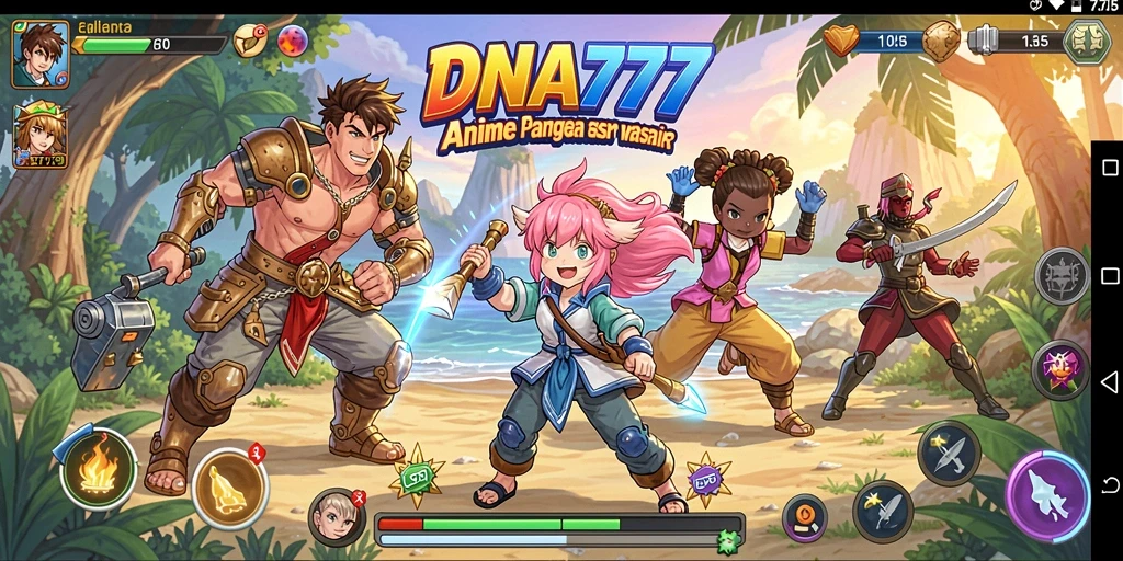 Screenshot gameplay DNA777 yang menampilkan karakter anime dalam pertempuran.