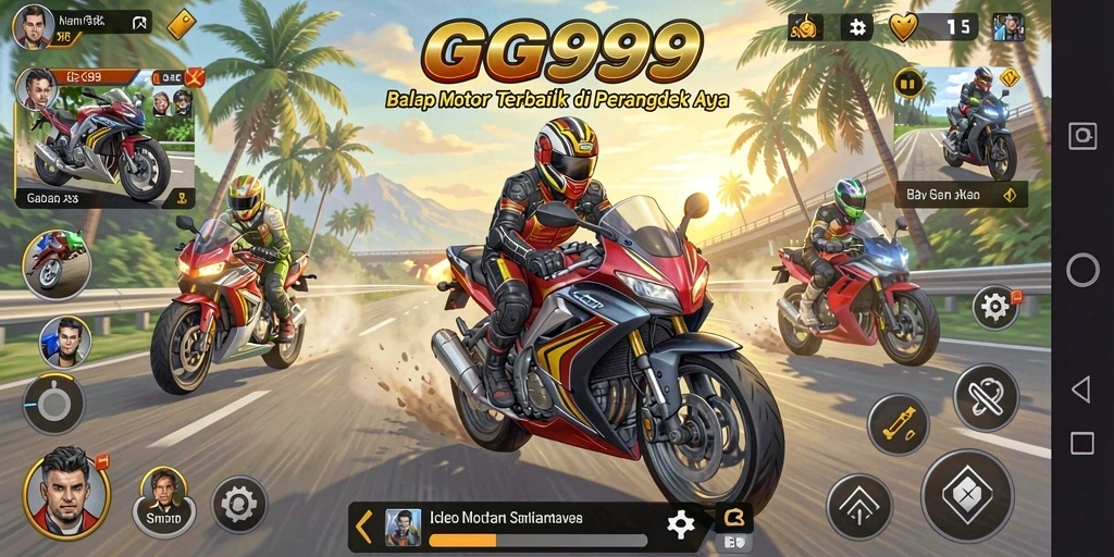 Screenshot utama GG999 menunjukkan aksi balap motor yang mendebarkan.