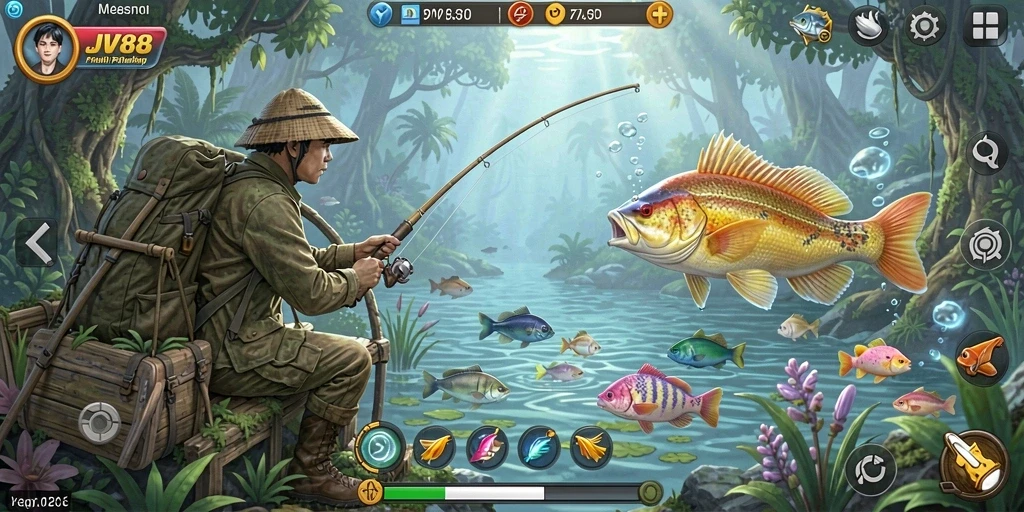 Screenshot gameplay menunjukkan keseruan memancing di JV88.