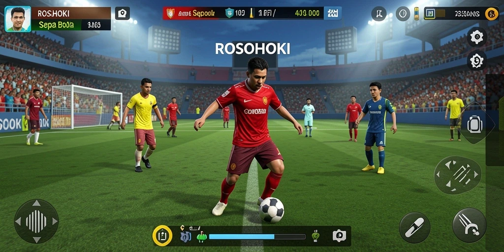 Screenshot gameplay ROSOHOKI menampilkan aksi seru di lapangan sepak bola.