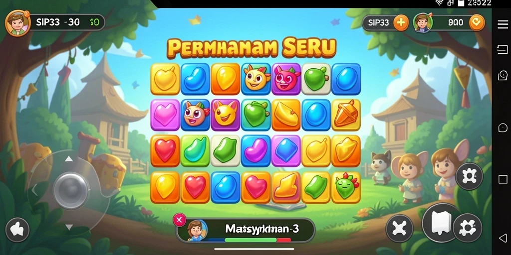 Screenshot menunjukkan gameplay seru SIP33 dengan kombinasi warna-warni objek Match-3.