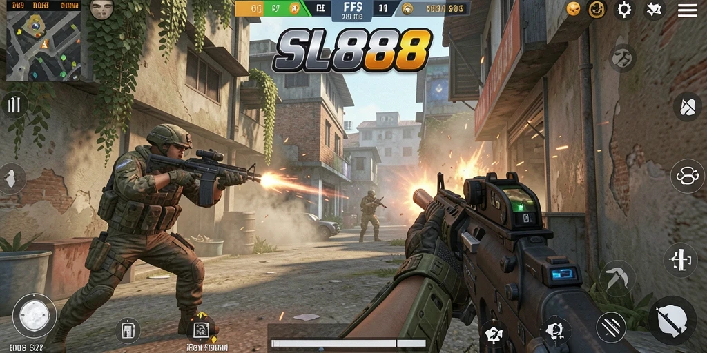 Screenshot utama SL888 menampilkan pertarungan intens dalam mode FPS.
