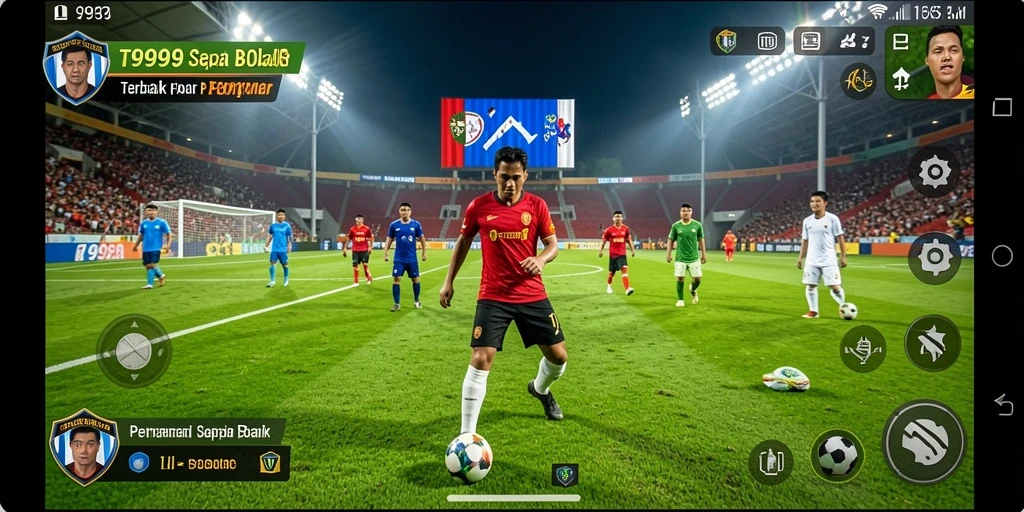 Tangkapan layar utama T9999 menampilkan aksi seru sepak bola.